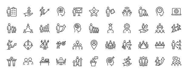 Business and leadership line icon set. Vector pictograms of teamwork, management, success, career growth, and goals, thin linear illustration.