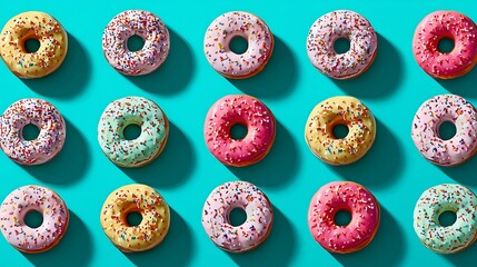 Colorful donuts with sprinkles on bright blue table overhead shot