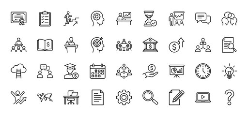 Business management and education line icon set. Vector pictograms of presentation, finance, career ladder, and time, thin linear illustration.