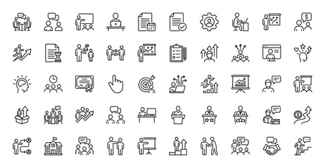 Business and career development line icon set. vector pictograms of training, meeting, presentation, growth, and teamwork, thin linear illustration.