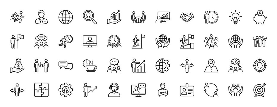 Business line icon set. vector pictograms of career, success, teamwork, money, and global growth, thin linear illustration.