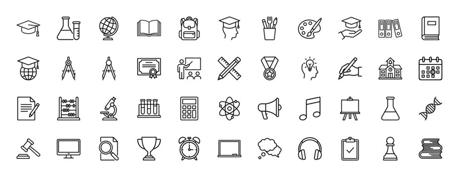 Education line icon set. Vector pictograms of graduation cap, compass, book, backpack, and globe, thin linear illustration.