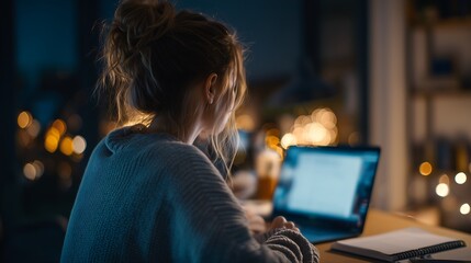 Woman working late with laptop in cozy home office setting