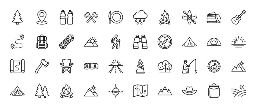 Camping and outdoor recreation line icon set. Vector pictograms of campfire, tent, backpack, and mountain, thin linear illustration.