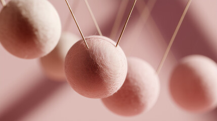 Newton's Cradle with pink felt balls suspended in minimalist style  