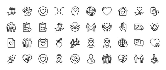 Charity and donation line icon set. vector pictograms of heart, blood bag, handshake, and care, thin linear illustration.