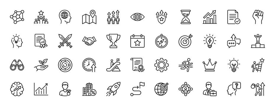 Business and personal growth line icon set. Vector pictograms of handshake, trophy, hourglass, target, and achievement, thin linear illustration.