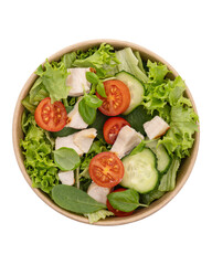Salad with vegetables and chicken isolated on white background