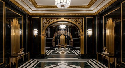 Obraz premium Opulent art deco interior with gold accents featuring a grand archway and marble flooring creating a luxurious and elegant atmosphere