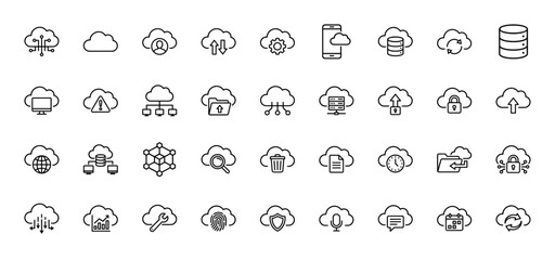 Cloud computing line icon set. Vector pictograms of data storage, security, network, and devices, thin linear illustration.