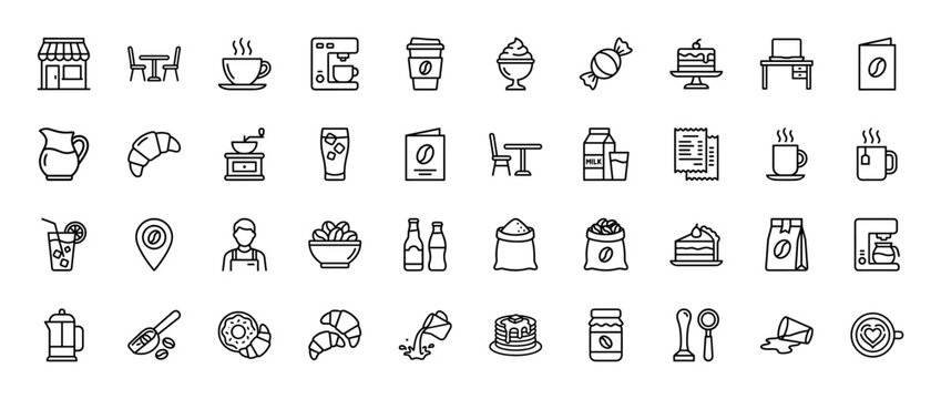 Coffee shop and cafe line icon set. Vector pictograms of beverage, pastry, table, cashier, and grinder, thin linear illustration.