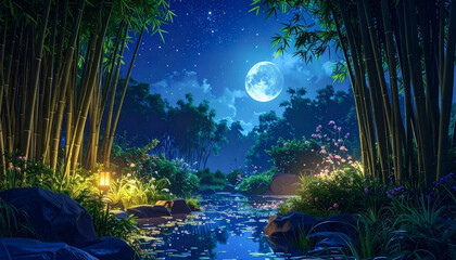 Fototapeta premium Moonlit Bamboo Garden Pond