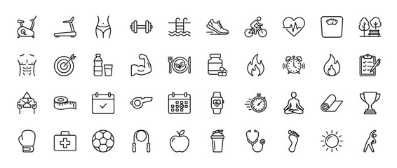 Health and fitness line icon set. Vector pictograms of gym, dumbbell, running, diet, and exercise, thin linear illustration.