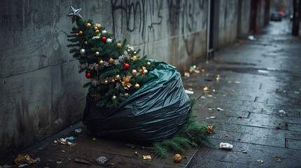 Abandoned decorated Christmas tree placed in a garbage bag on a dirty urban street, symbolizing post-holiday waste, urban decay and the end of the festive season