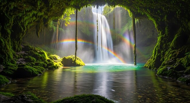 Waterfall cascading into a clear pool seen from a mossy cave entrance creating a serene and magical natural scene