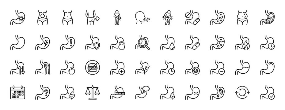 Medical gastroenterology line icon set. vector pictograms of stomach pain, heartburn, acid reflux, diet, and treatment, thin linear illustration.