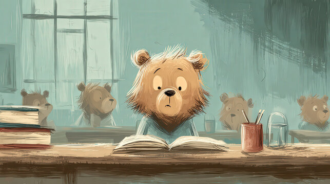 Curious bear student reading in a cozy classroom setting