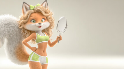 Naklejka premium Stylish cartoon fox character holding a mirror in a playful pose