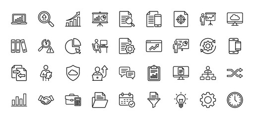 Business and finance line icon set. vector pictograms of strategy, data analysis, planning, and teamwork, thin linear illustration.