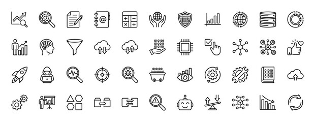 Fototapeta premium Data science and technology line icon set. Vector pictograms of analysis, security, research, and machine learning, thin linear illustration.