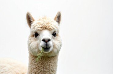 Naklejka premium White fluffy alpaca chews green grass. Cute fluffy animal portrait isolated on plain white background. Domesticated South American camelid eats plant. Livestock farming agriculture.