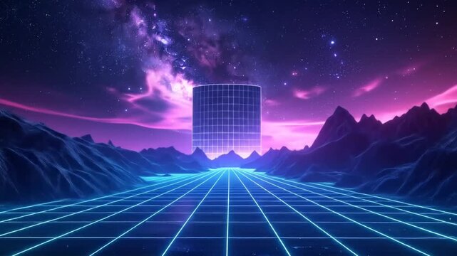 Aesthetic synthwave landscape with grid and mountains, digital vaporwave scene at night