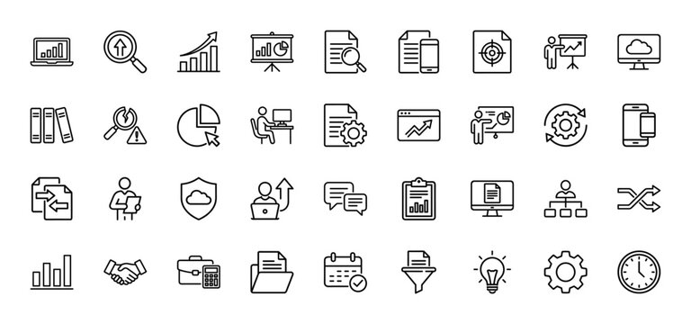 Business and finance line icon set. vector pictograms of strategy, data analysis, planning, and teamwork, thin linear illustration.
