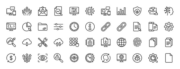 Data and technology line icon set. Vector pictograms of settings, security, analysis, cloud computing, and finance, thin linear illustration.
