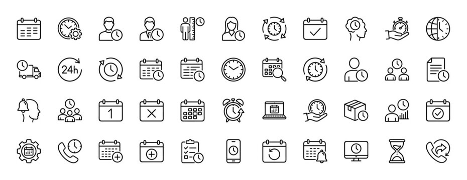 Time management line icon set. Vector pictograms of clock, calendar, stopwatch, hourglass, and delivery, thin linear illustration.