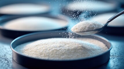 Granulated sugar being poured from a spoon into a round container, showcasing the texture and fine grains, with additional containers in the blurred background for depth and context