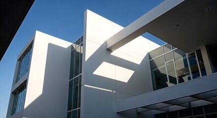 Modern architectural building with geometric design and bright sunlight creating strong shadows on the facade.