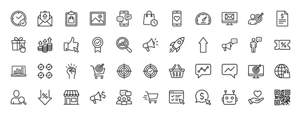 Marketing and e-commerce line icon set. vector pictograms of shopping, sales, growth, business, and strategy, thin linear illustration.