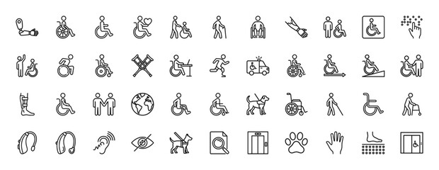 Obraz premium Disability and accessibility line icon set. Vector pictograms of wheelchair, guide dog, crutches, hearing aids, and aids, thin linear illustration.
