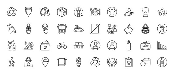 Sustainability and eco-friendly line icon set. Vector pictograms of recycling, solar panels, compost, and electric vehicle, thin linear illustration.