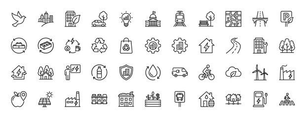Naklejka premium Smart city and sustainable development line icon set. Vector pictograms of wind energy, recycling, electric vehicles, and green housing, thin linear illustration.
