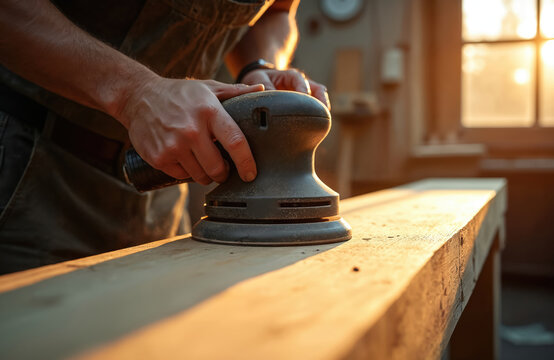 Man sands wooden plank in workshop. Artisan works with orbital sander. Pro carpenter grinds wood surface to smooth texture. Craftsmanship at home during sunset at workbench.