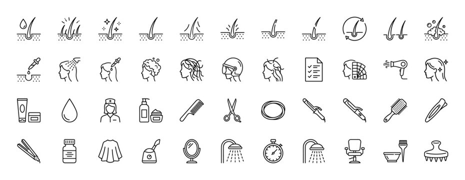 Hair care and cosmetology line icon set. Vector pictograms of hair follicle, scissors, comb, dryer, and shampoo, thin linear illustration.