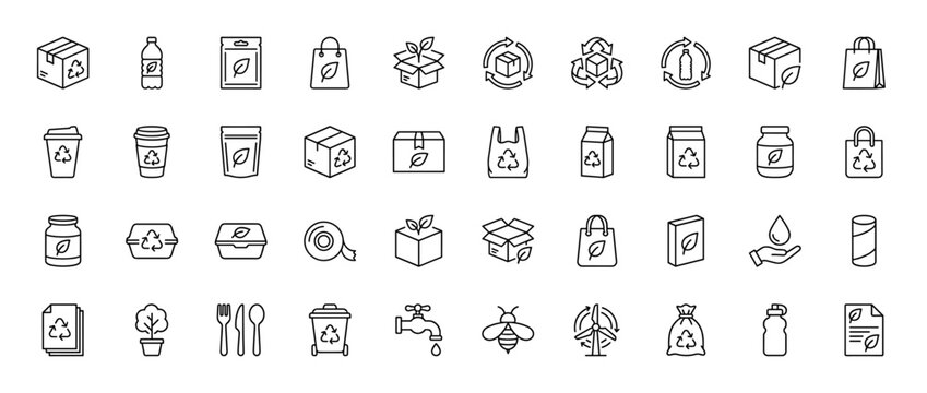 Ecology and recycling line icon set. Vector pictograms of packaging, biodegradable containers, planet, leaf, and trash bin, thin linear illustration.