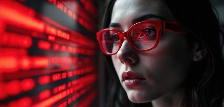 Woman with red glasses studies glowing red digital data display. She looks intensely at the screen, focused on abstract information. Her reflection is visible in the lenses. - Powered by Adobe