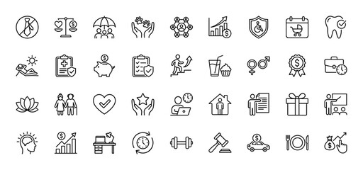 Fototapeta premium Health, finance, and lifestyle line icon set. Vector pictograms of umbrella, chart, tooth, calendar, dumbbell, and car, thin linear illustration.