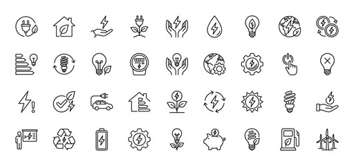 Obraz premium Energy saving and renewable power line icon set. Vector pictograms of lightbulbs, wind turbines, electric cars, and solar power, thin linear illustration.