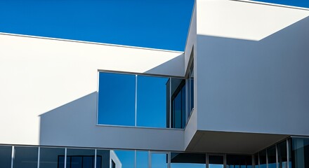 Obraz premium Modern Architectural Building with Blue Sky and Reflective Windows.