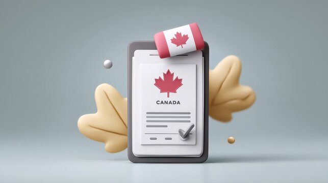 3D illustration of a document featuring a maple leaf symbol, representing Canada, with a checkmark and decorative elements, showcasing national identity and pride in design