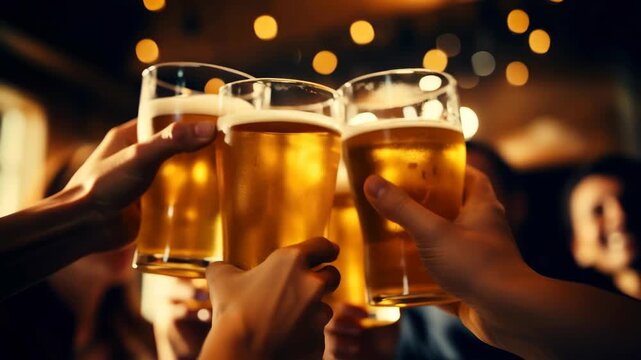 Cheers with friends! Close-up video angle captures hands clinking beer glasses, warm lighting, and festive atmosphere in a lively bar setting.