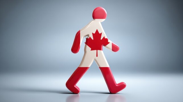 3D illustration of a stylized figure walking, featuring a red and white maple leaf design, symbolizing Canadian identity and culture in a modern artistic representation