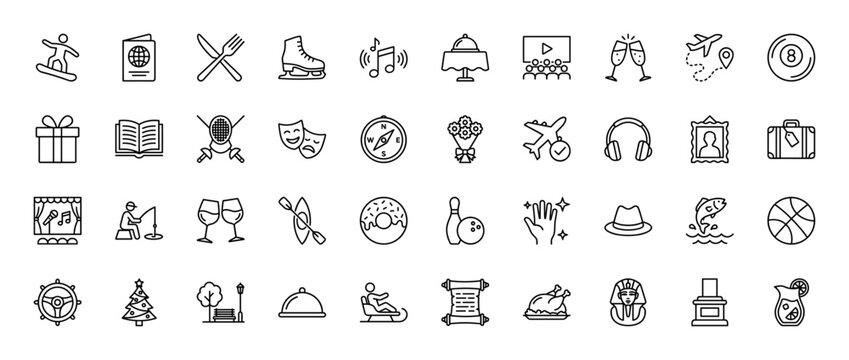 Entertainment and travel line icon set. Vector pictograms of ice skating, dinner, movies, music, and souvenirs, thin linear illustration.