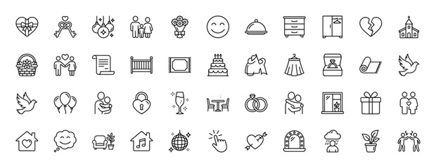 Love and relationship line icon set. Vector pictograms of rings, key, heart, house, and family, thin linear illustration.
