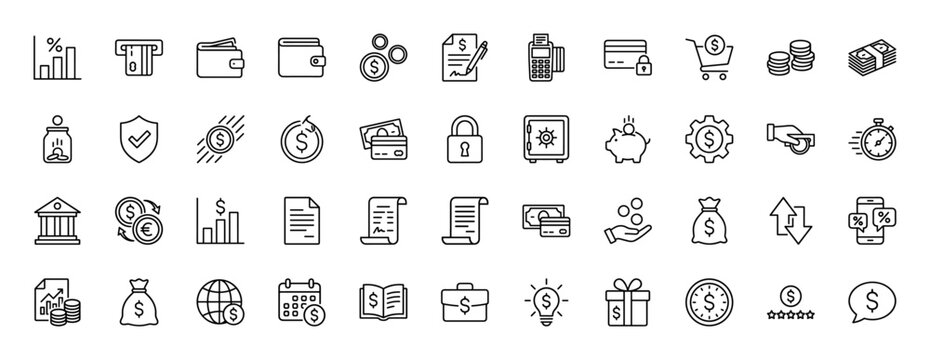 Finance line icon set. Vector pictograms of coins, charts, wallets, credit cards, safes, and banking, thin linear illustration.