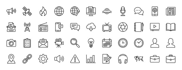 Communication, media, and technology line icon set. Vector pictograms of a globe, newspaper, camera, microphone, and laptop, thin linear illustration.