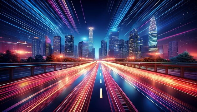 dazzling night cityscape with light trails and skyscrapers - Powered by Adobe